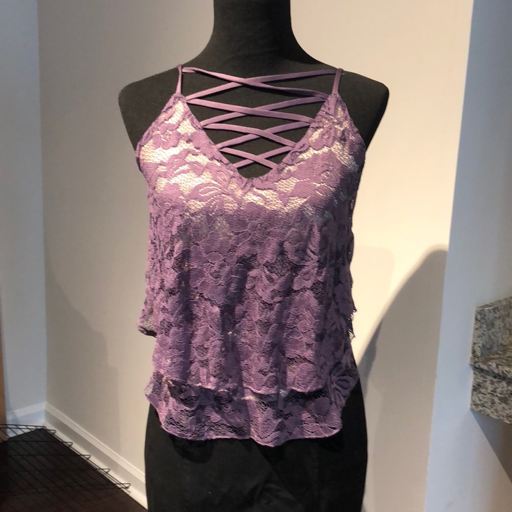 Express Orchid Floral Lace-up V-neck Top - S